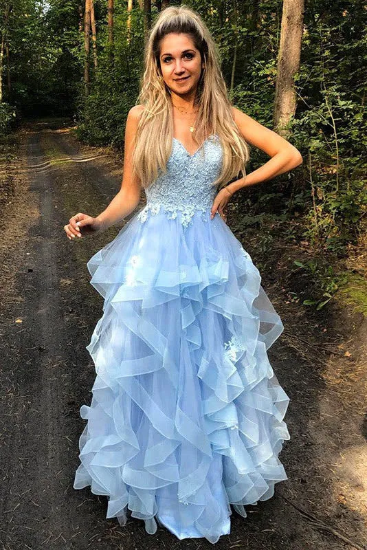 Blue V Neck Applique Long Prom Dresses with Ruffles,Gala Dresses Elegant