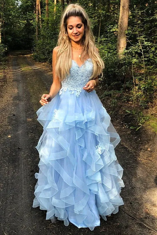 Blue V Neck Applique Long Prom Dresses with Ruffles,Gala Dresses Elegant