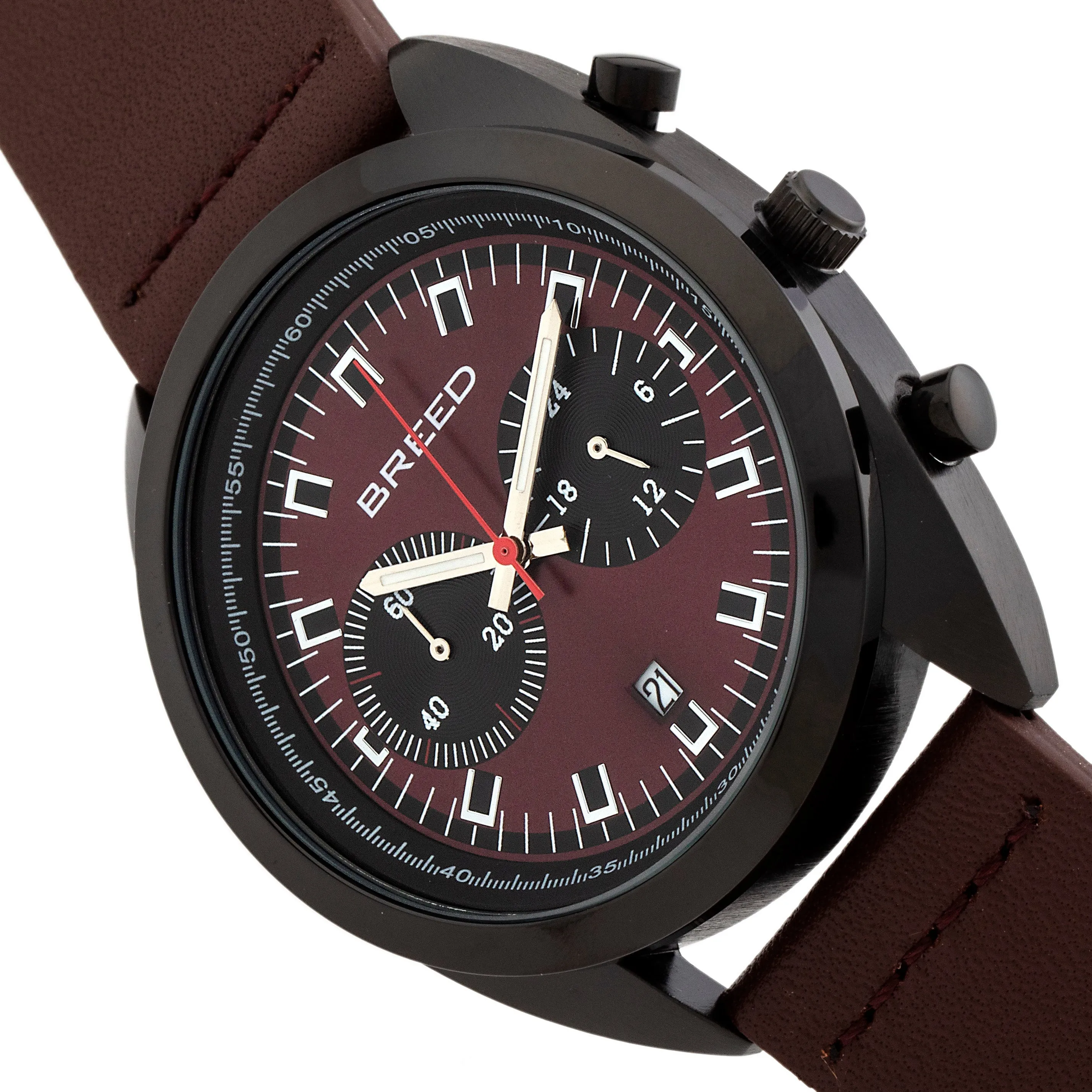 Breed Racer Chronograph Leather-Band Watch w/Date - Black/Maroon