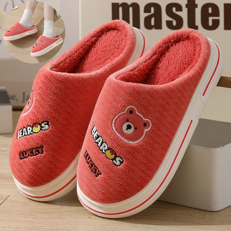 Cartoon Bear Plush Slippers For Women Autumn And Winter Warm Home Shoes Couple Thick-sole Non-slip Fashion Furry Slipper Men