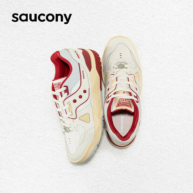 Classic unisex sneakers Saucony Cross 90 PRM for sports and leisure, beige / red