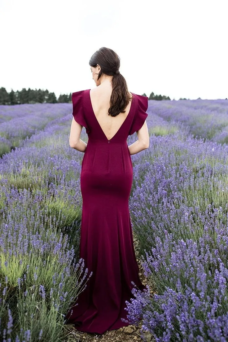 Flounced Sleeves Evening Gown with V Back,Burgundy Prom Dress