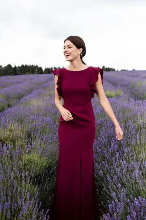 Flounced Sleeves Evening Gown with V Back,Burgundy Prom Dress