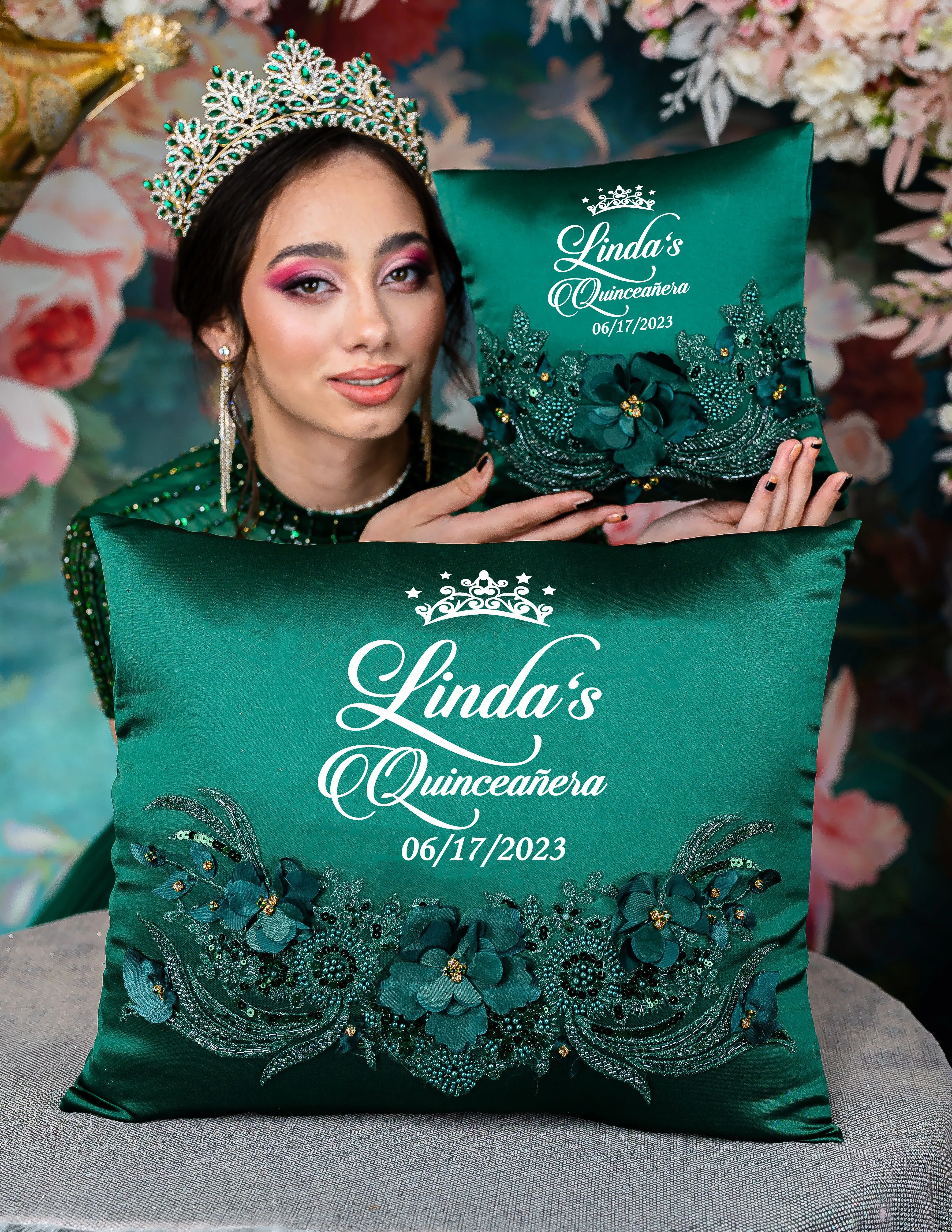 Green with Silver quinceanera kneeling pillow, shoes pillow