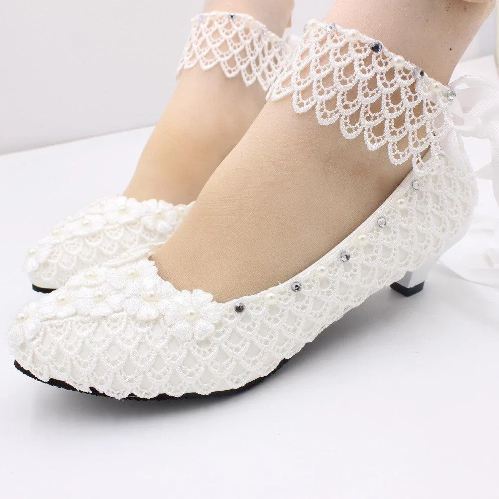 Lace-up White Wedding Dress Plus Size High Heel Women's Shoes