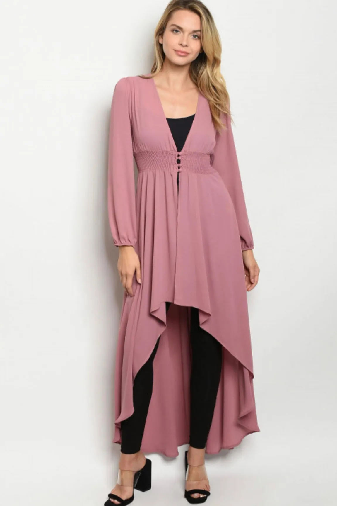 Ladies Dusty Rose Chiffon High Low Duster Kimono