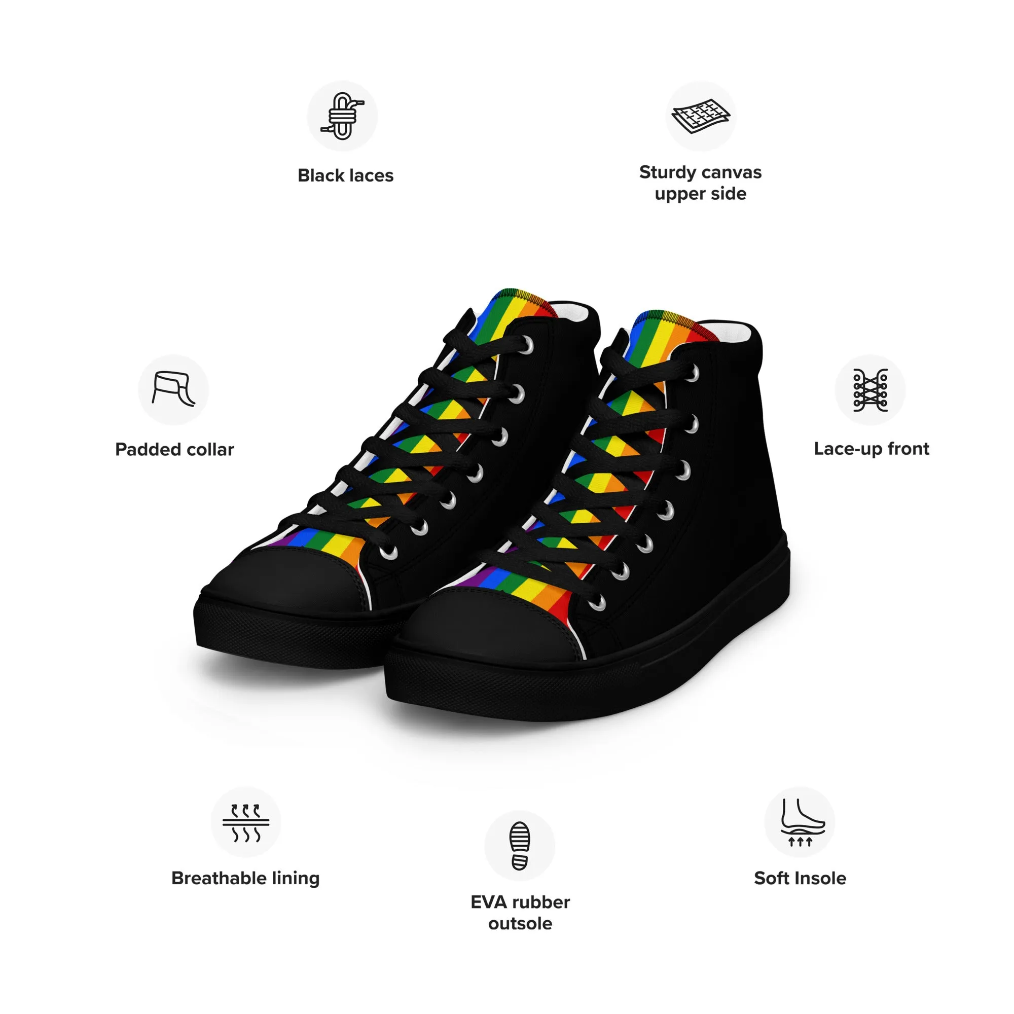 LGBTQ Pride Stripe Men’s High Top Canvas Athletic Shoes - Black