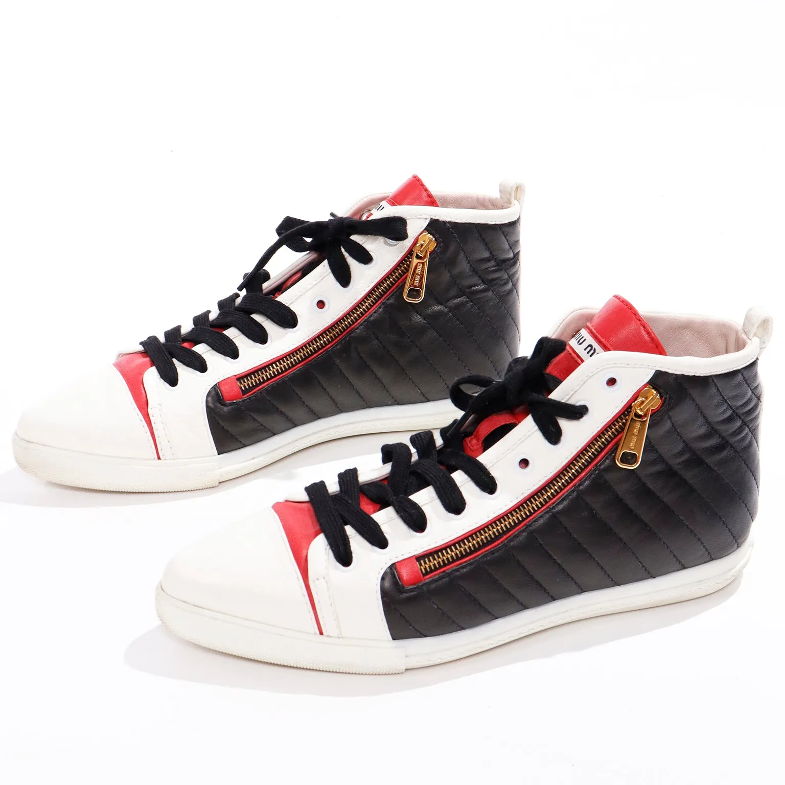 Miu Miu Red White & Black Pointed Toe High Top Nappa Biker Sneakers