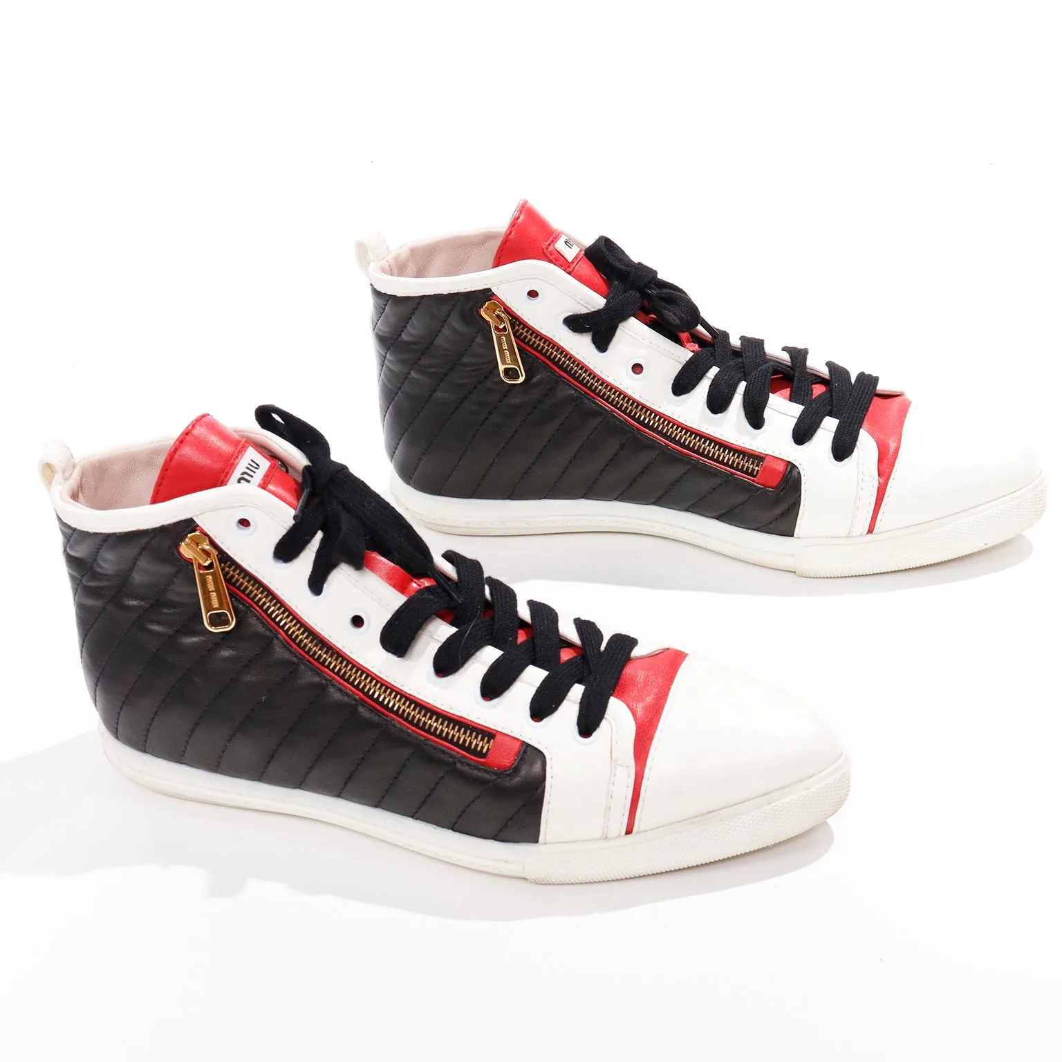 Miu Miu Red White & Black Pointed Toe High Top Nappa Biker Sneakers