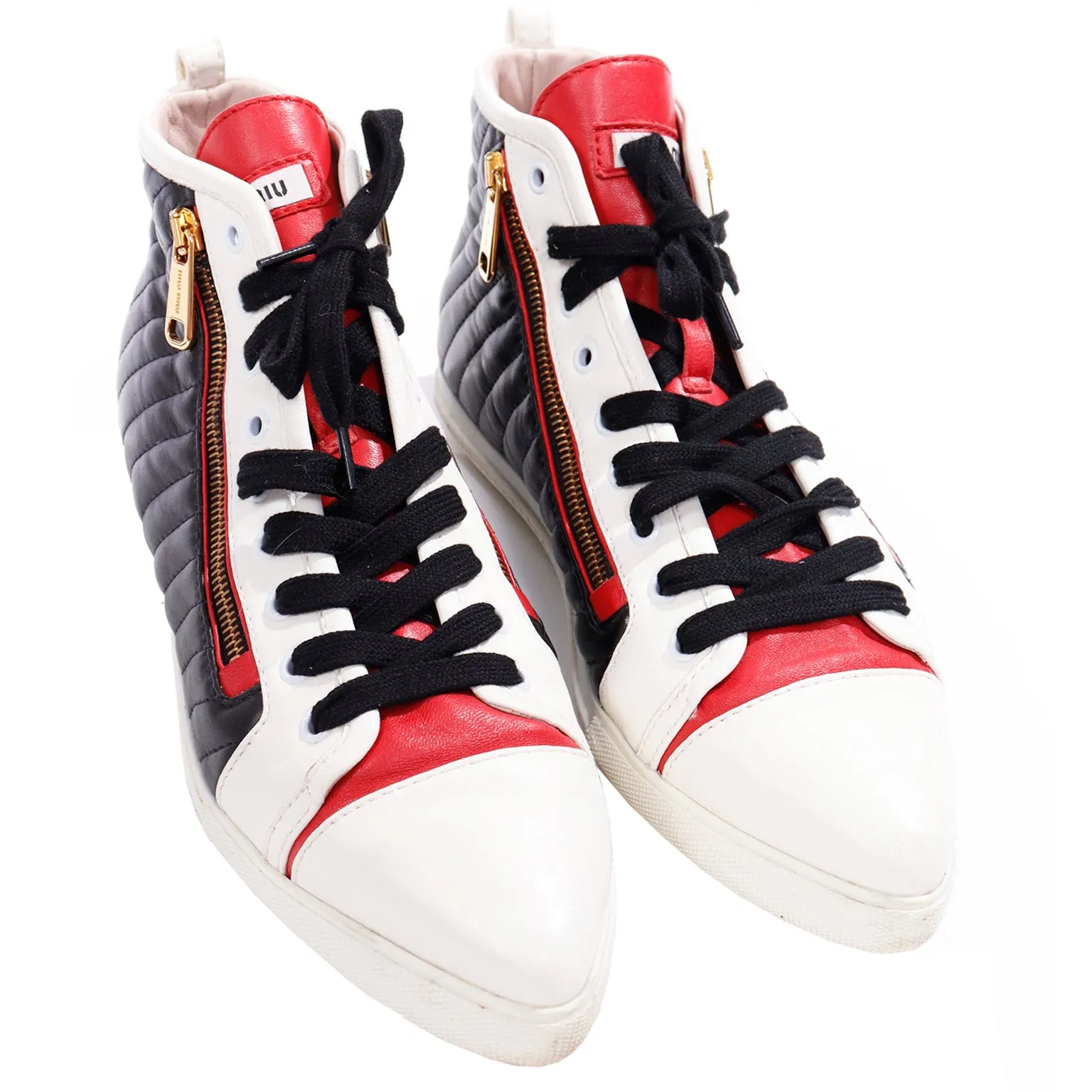 Miu Miu Red White & Black Pointed Toe High Top Nappa Biker Sneakers