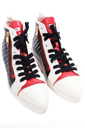 Miu Miu Red White & Black Pointed Toe High Top Nappa Biker Sneakers