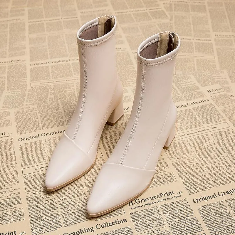 Pointed Toe Western Style Short Boots Women's High Heels