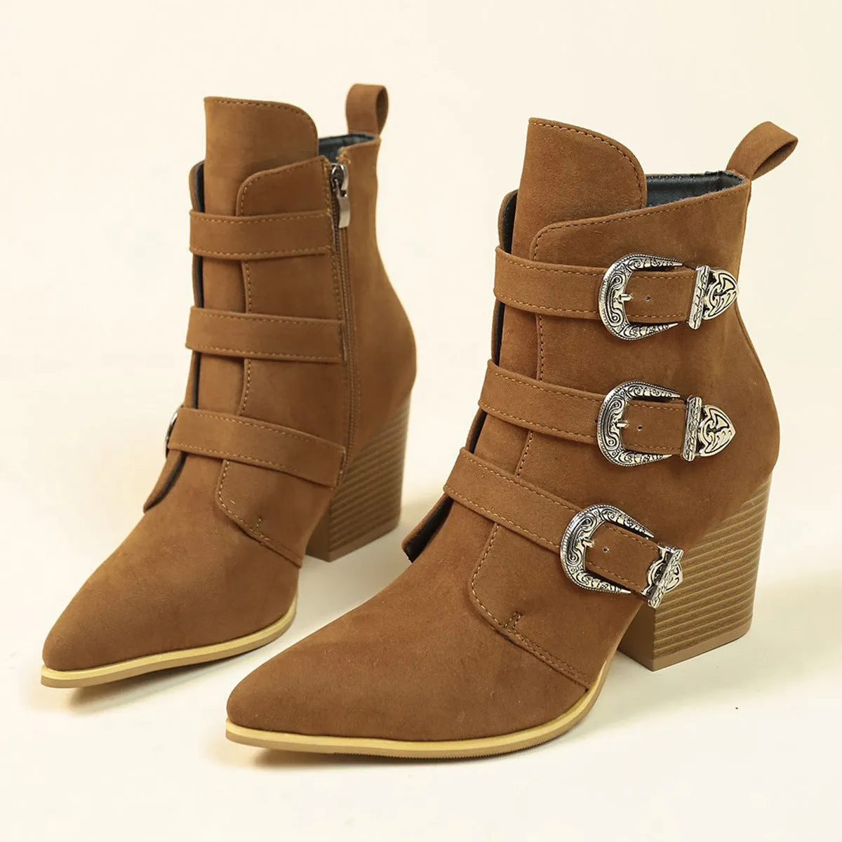 Retro Mid-calf Chunky Heel Pointed Toe Boots With Belt Buckle for Women