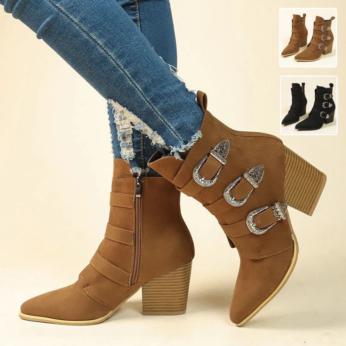 Retro Mid-calf Chunky Heel Pointed Toe Boots With Belt Buckle for Women