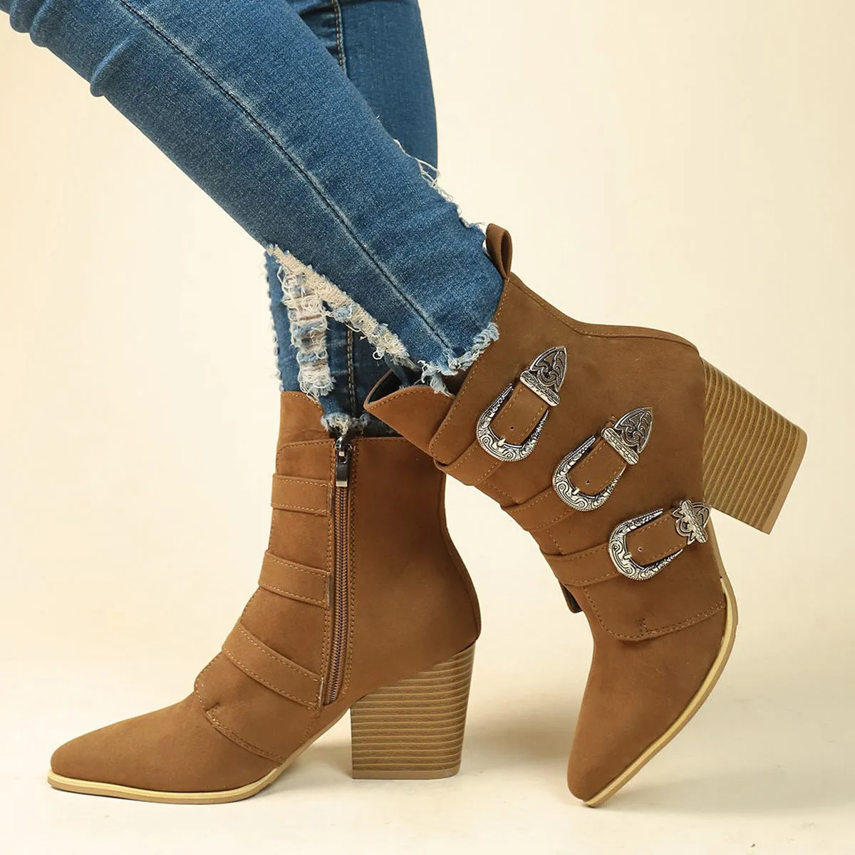 Retro Mid-calf Chunky Heel Pointed Toe Boots With Belt Buckle for Women