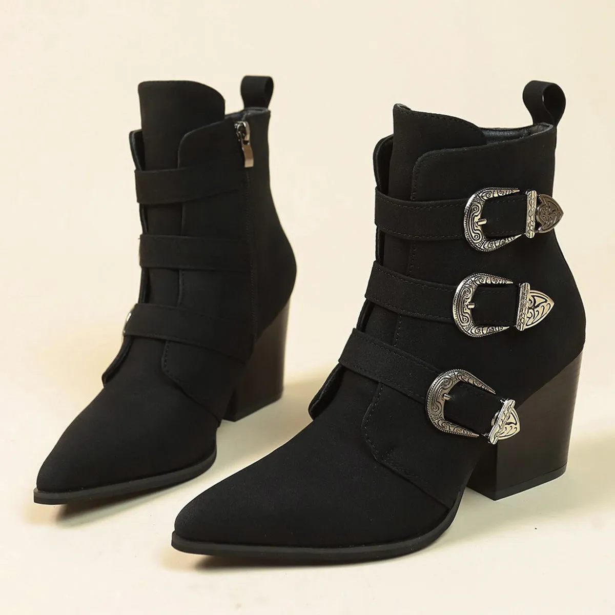 Retro Mid-calf Chunky Heel Pointed Toe Boots With Belt Buckle for Women