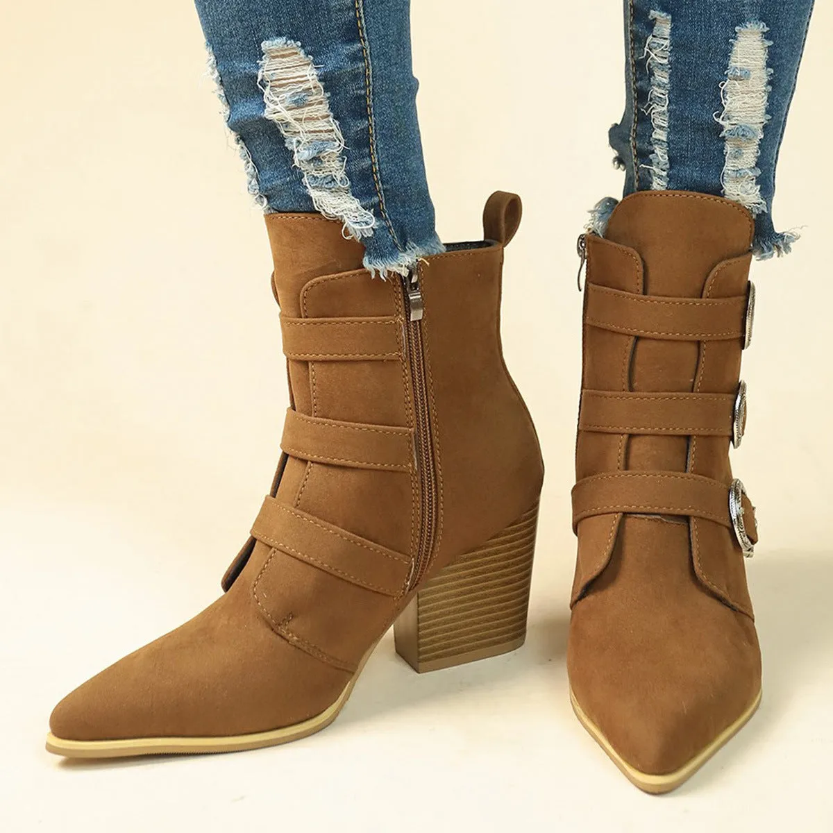 Retro Mid-calf Chunky Heel Pointed Toe Boots With Belt Buckle for Women