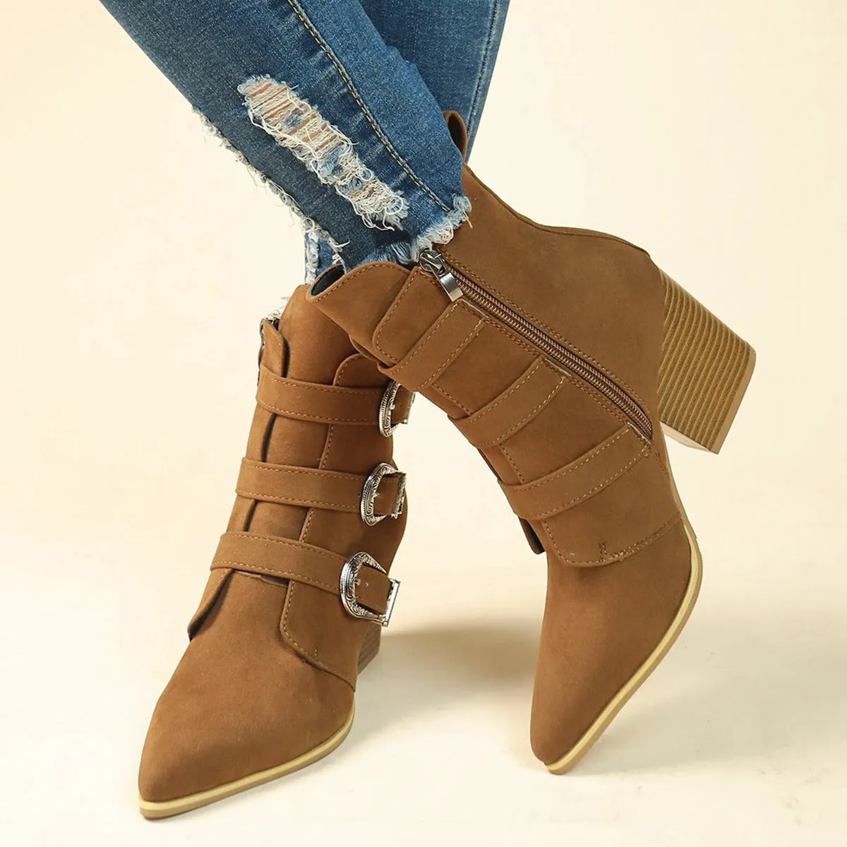 Retro Mid-calf Chunky Heel Pointed Toe Boots With Belt Buckle for Women