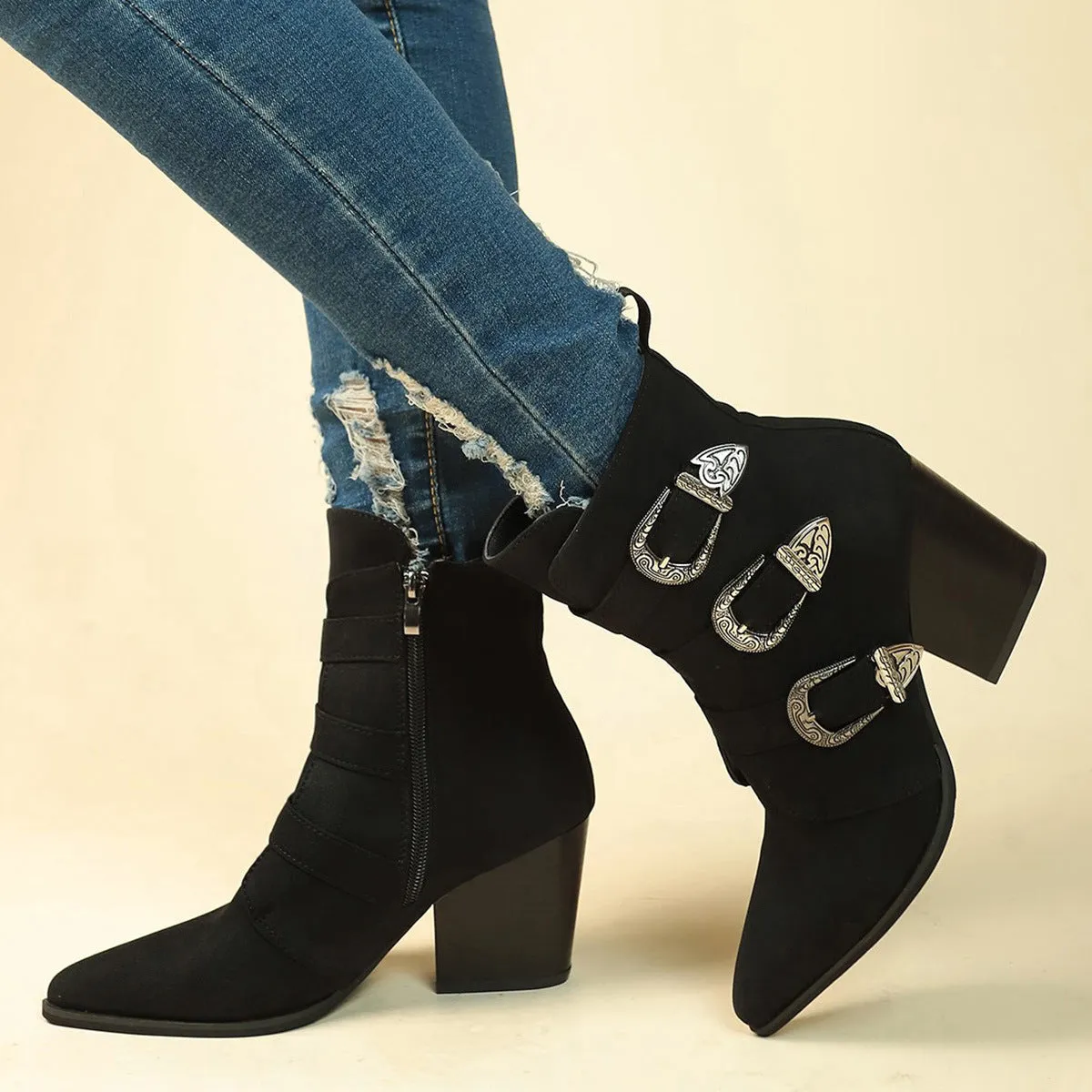 Retro Mid-calf Chunky Heel Pointed Toe Boots With Belt Buckle for Women