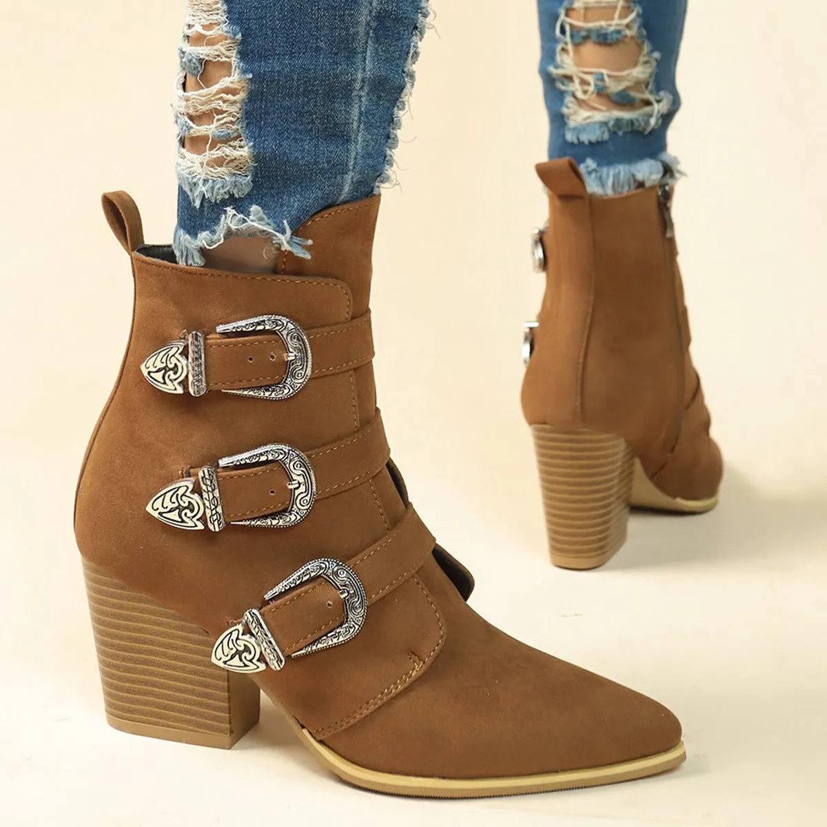 Retro Mid-calf Chunky Heel Pointed Toe Boots With Belt Buckle for Women