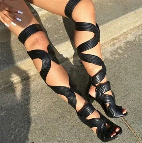 Sexy Open Toe Gladiator Sandals Women Boots Cut-Outs Lace Up Thigh High Boots High Heels Black Leather Shoes Woman Botas