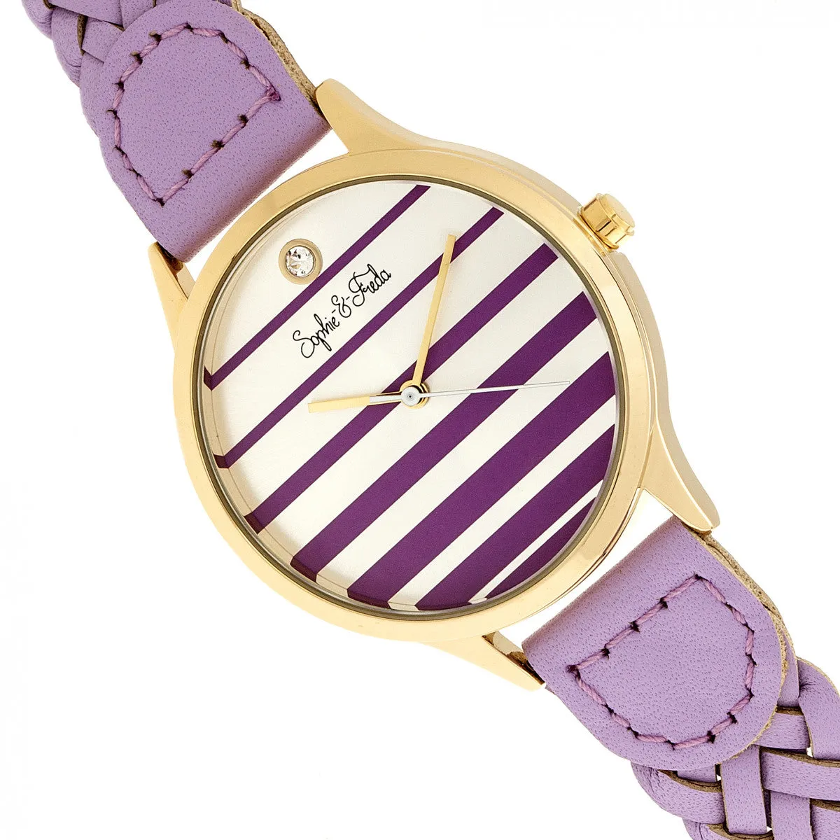 Sophie & Freda Tucson Leather-Band Watch w/Swarovski Crystals - Gold/Lavender