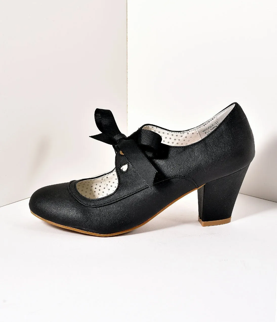 Vintage Style Black Leatherette Mary Jane Bow Wiggle Heels