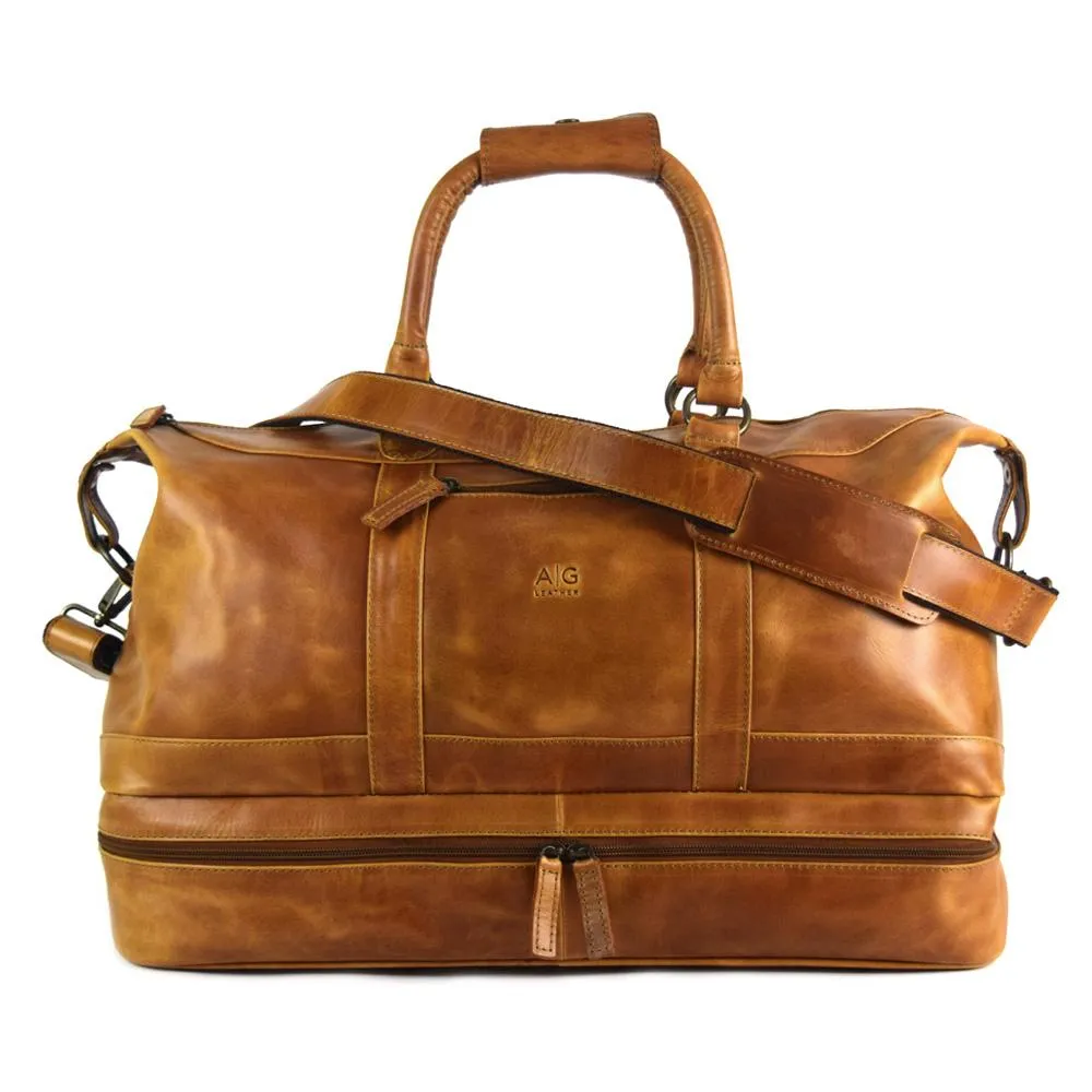 Weekender Bag with shoe compartment in Cognac color Leather - Professional Players Favorite