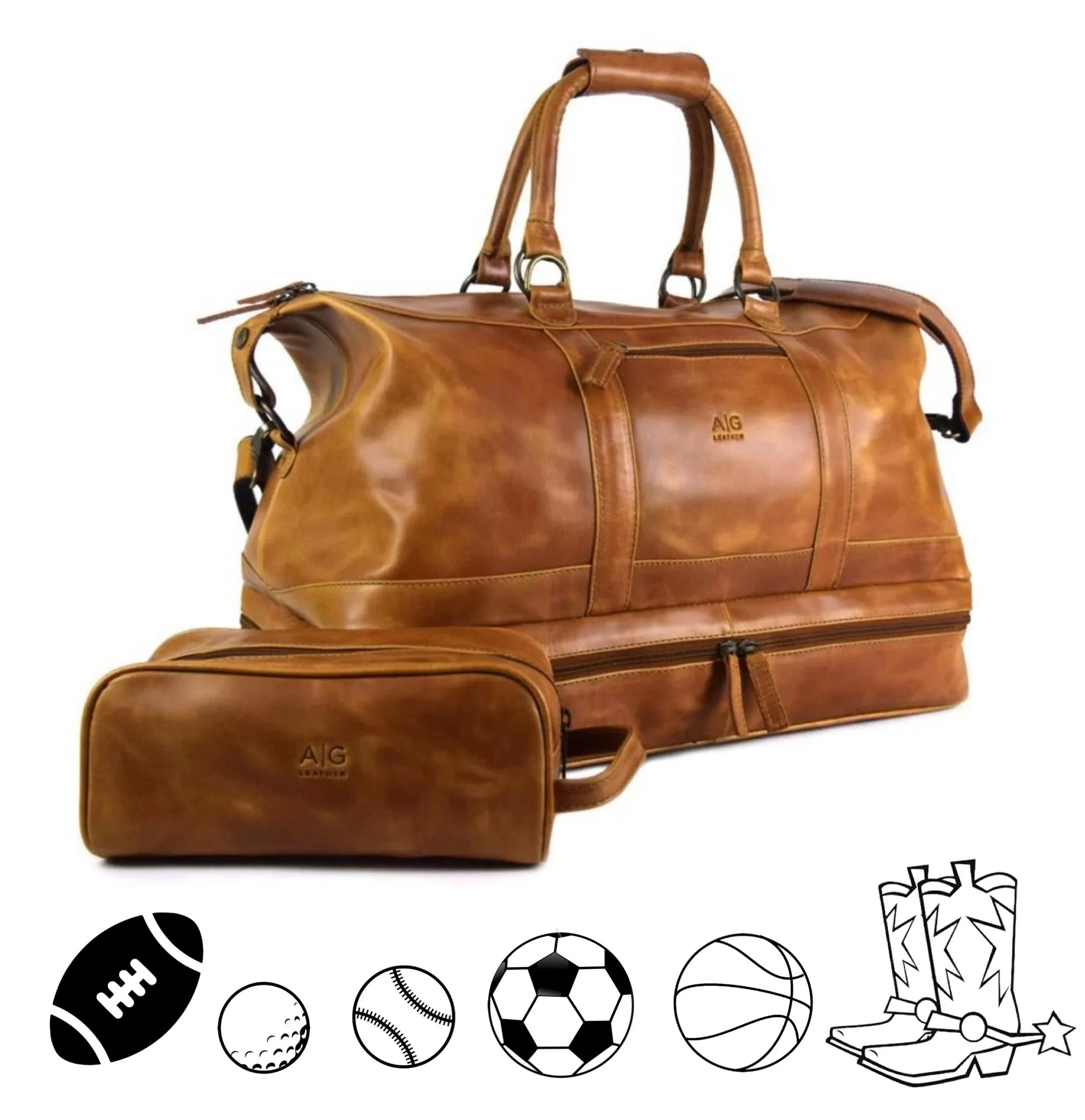 Weekender Bag with shoe compartment in Cognac color Leather - Professional Players Favorite