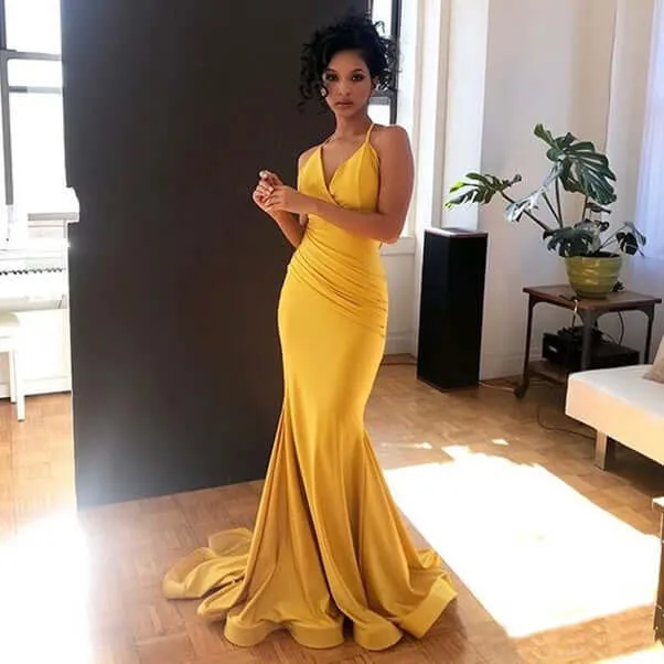 Yellow Prom Dress V Neck Sexy Mermaid Evening Gown,Mermaid Maxi Dresses