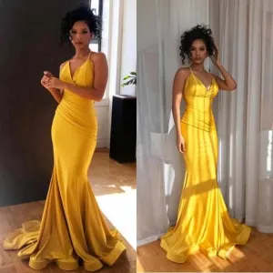 Yellow Prom Dress V Neck Sexy Mermaid Evening Gown,Mermaid Maxi Dresses